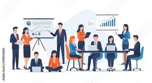 A diverse group of professionals collaborates in a modern office meeting, analyzing charts on screens and whiteboards