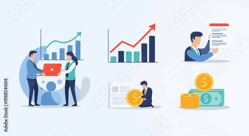 Business professionals collaborate on charts and finances, showing growth and profit