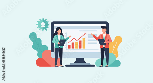 Colleagues analyzing financial data on a large computer screen with charts