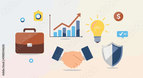 Business icons briefcase, graph, handshake, lightbulb, shield, money, camera, chat