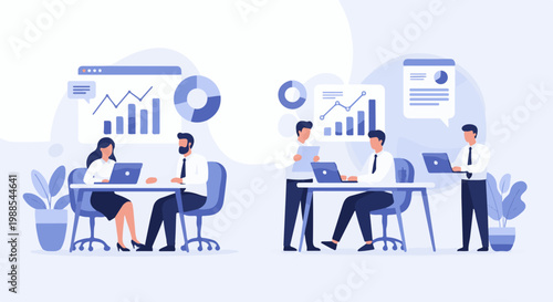 Diverse professionals collaborate on data analysis and strategy in a modern office setting