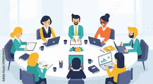 Diverse team in a meeting, collaborating around a round table, using laptops and documents