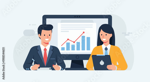 Two smiling business professionals, a man and woman, analyze a computer screen displaying a bar graph and line chart, with a tablet visible