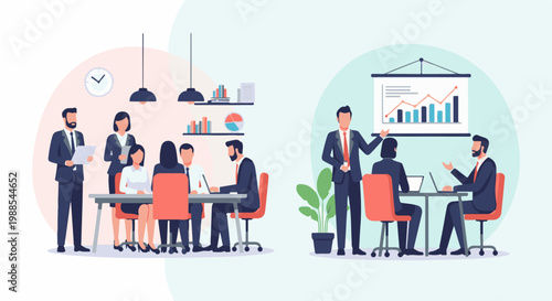 Business team in two separate meetings, one around a table with a clock, the other presenting a graph
