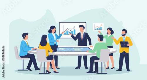 Diverse professionals gather around a modern table, analyzing data and charts, fostering collaboration