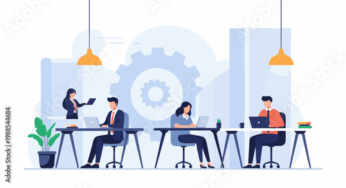 Diverse professionals collaborate in a modern office, with gear motifs signifying teamwork and industry