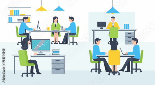 Employees collaborating in a modern office space, working on computers and discussing ideas