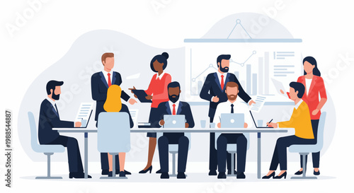 Diverse professionals collaborate in a modern office meeting, discussing graphs and laptops