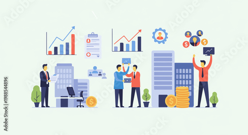 Business professionals collaborating amidst charts, buildings, and coins