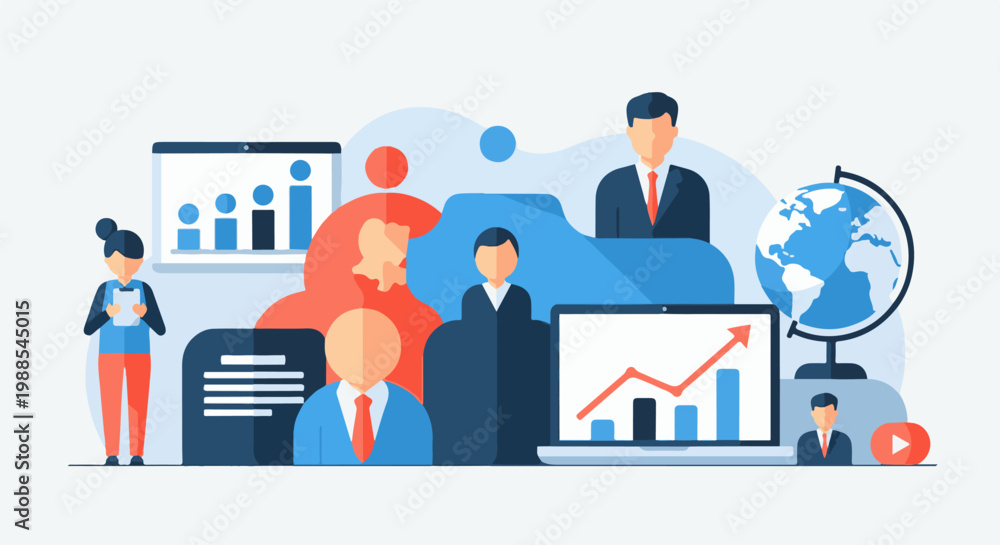 Obraz premium Abstract flat art showing business people, graphs, globe, and video icon