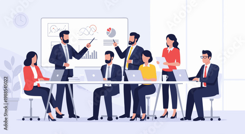 Team meeting presentation with charts on whiteboard