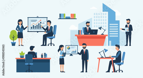 Colleagues collaborate in modern office spaces, presenting data and working at desks