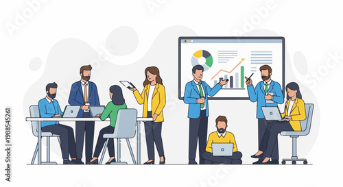 Professionals collaborating in a meeting, presenting data and ideas on screens