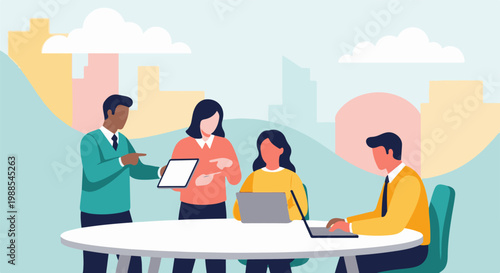 Diverse colleagues collaborate around a table, using laptops and tablets, with a stylized cityscape in the background