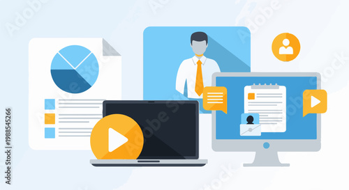 Flat illustration of digital workflow, analytics, and communication tools, with charts, icons, and devices