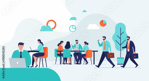 Abstract illustration of a modern office environment with diverse professionals collaborating and working