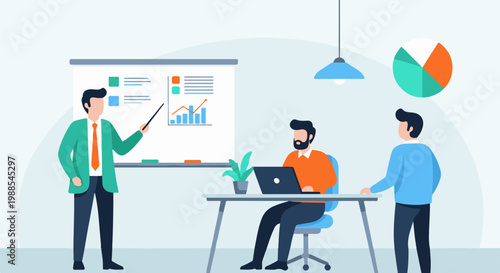Business meeting with data presentation and discussion among colleagues