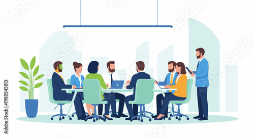Diverse team meeting around a table in a modern office with cityscape background