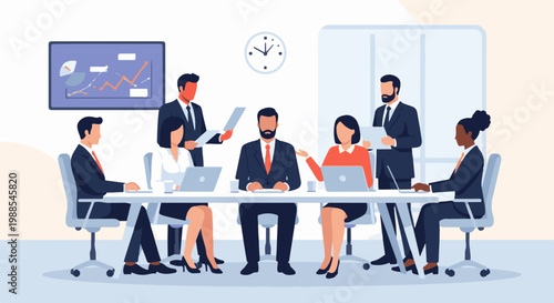 Professionals in a meeting room, discussing charts and using laptops around a table