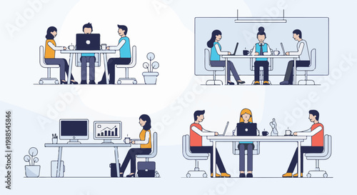 Diverse individuals collaborate in modern office settings, utilizing technology and engaging in focused work