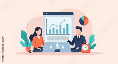 Business professionals analyze growth charts, discussing strategy near laptops and plants