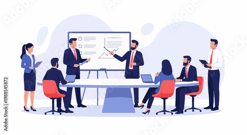 Business meeting with presentation on whiteboard and table discussions