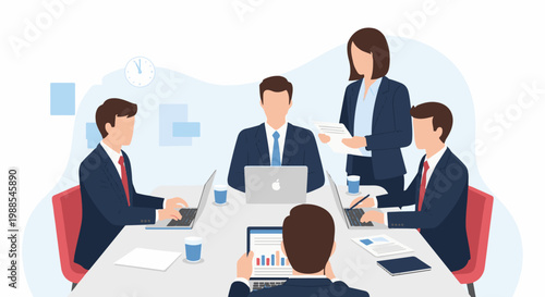 Business meeting with diverse team collaborating around a table with laptops and documents