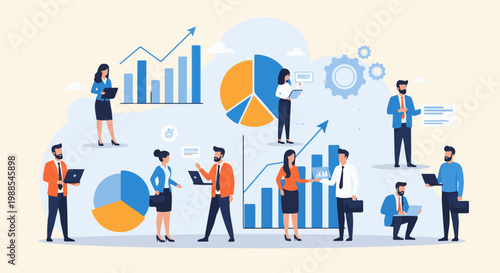 Diverse business professionals collaborate on data analysis and strategy, using charts and laptops
