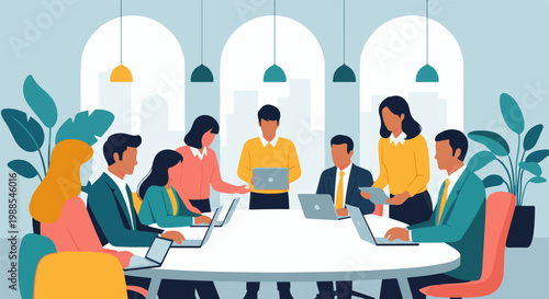 Diverse team collaborates around a table with laptops and plants in a modern office