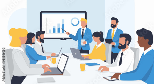 Diverse professionals in a meeting, one presenting data on a screen, others engaged