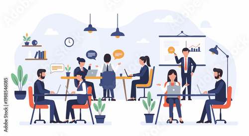 Diverse professionals collaborate in a modern office, discussing ideas and working on laptops