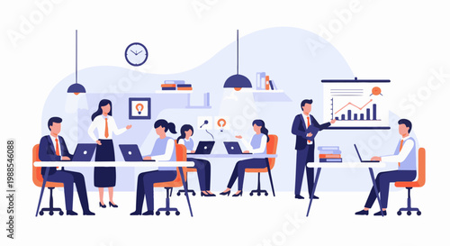 People in an office collaborating and presenting data on a whiteboard