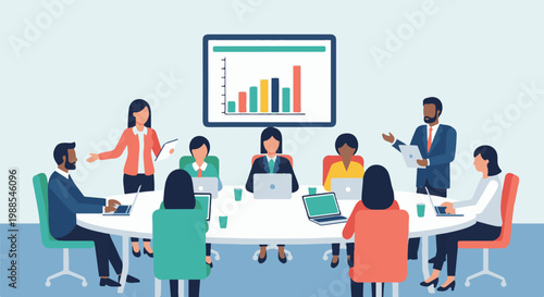 Diverse group in a modern meeting room, discussing data on a presentation screen