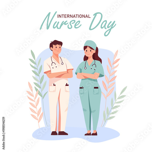 Professional male and female medical nurses standing together for international nurse day celebration vector