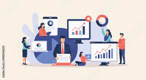 Diverse team collaborates on data analysis, sharing insights via digital displays