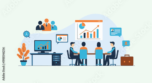 A team of people in a meeting discussing charts and graphs, with computers and briefcases present