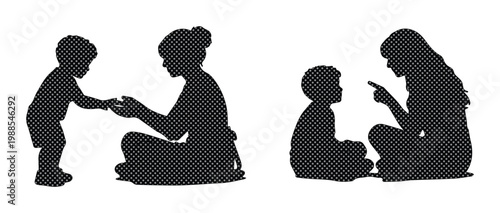 Black Silhouette of Mother and Child Interaction Vector
