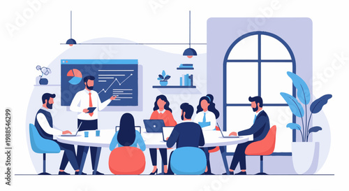 Diverse team in a modern office collaborates around a table, with a presenter at a screen