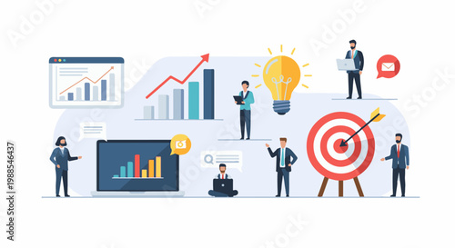 Business professionals collaborate with data analysis, targets, and innovation