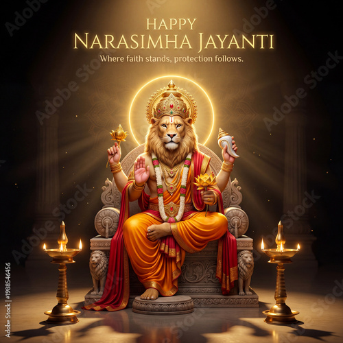 Lion headed deity Narasimha seated on ornate throne holding lotus and conch with divine halo and ornate lamps
