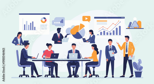 Diverse professionals collaborate around a table with laptops, charts, and graphs displayed