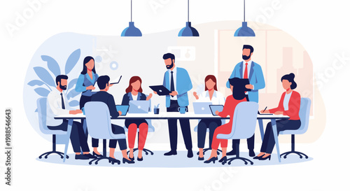 Diverse professionals collaborate at a modern meeting table with laptops and documents