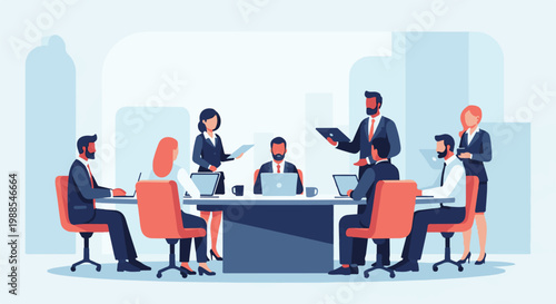 Business professionals in a meeting, collaborating around a table with laptops