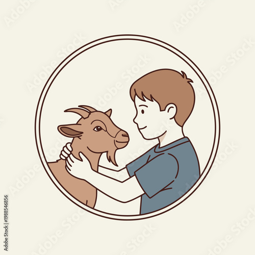 Boy Petting Goat Circle Illustration Vector Icon - Child Farm Animal Care Friendship Cartoon Brown Tan Colors Agricultural Livestock Veterinary