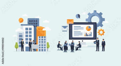 Diverse professionals collaborate in a modern office setting, discussing data and business growth