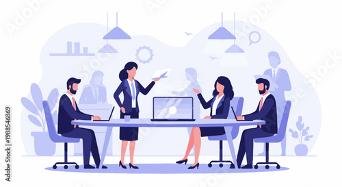 Business professionals in a meeting room collaborating on a project