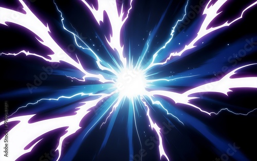 Bright white light explodes outwards with vibrant blue and purple lightning effects.