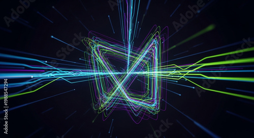 Neon geometric shape with vibrant blue green and purple lines radiating on a dark background creating dynamic energy