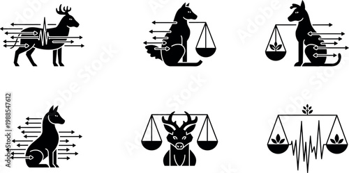 Animal rights and wildlife protection icons, black silhouette deer and wolf with justice scales, ecological balance and nature law vector set