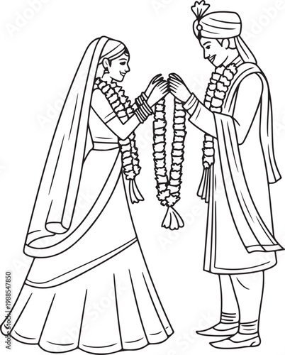 Line drawing of an Indian bride and groom exchanging garlands during a wedding ceremony on a white background. Indian Wedding Illustration